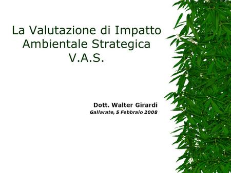 La Valutazione di Impatto Ambientale Strategica V.A.S. Dott. Walter Girardi Gallarate, 5 Febbraio 2008.