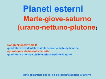 Pianeti esterni Marte-giove-saturno (urano-nettuno-plutone ) Moto apparente del sole e del pianeta attorno alla terra Congiunzione:invisibile quadratura.