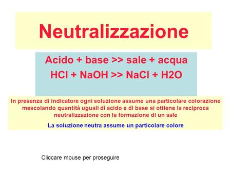 Acido + base >> sale + acqua HCl + NaOH >> NaCl + H2O