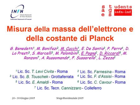20 - 30 Giugno 2005Stage Residenziale 2005 Misura della massa dellelettrone e della costante di Planck G. Benedetti 1, M. Bonifazi 2, M. Cucchi 1, E. De.