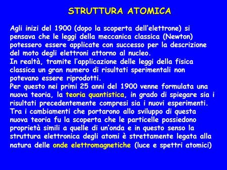 STRUTTURA ATOMICA Agli inizi del 1900 (dopo la scoperta dell’elettrone) si pensava che le leggi della meccanica classica (Newton) potessero essere applicate.
