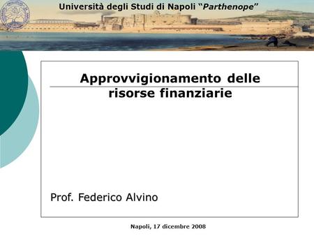Napoli, 17 dicembre 2008 Università degli Studi di Napoli Parthenope Prof. Federico Alvino Approvvigionamento delle risorse finanziarie.