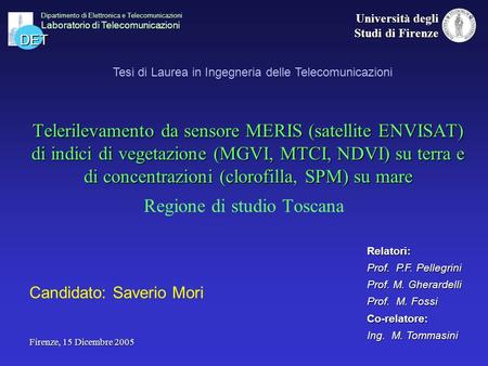 DET Dipartimento di Elettronica e Telecomunicazioni Laboratorio di Telecomunicazioni Università degli Studi di Firenze Firenze, 15 Dicembre 2005 Telerilevamento.