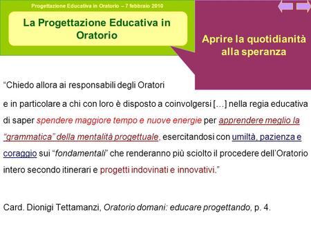 La Progettazione Educativa in Oratorio