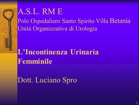 A.S.L. RM E Polo Ospedaliero Santo Spirito Villa Betania Unità Organizzativa di Urologia L’Incontinenza Urinaria Femminile Dott. Luciano Spro.