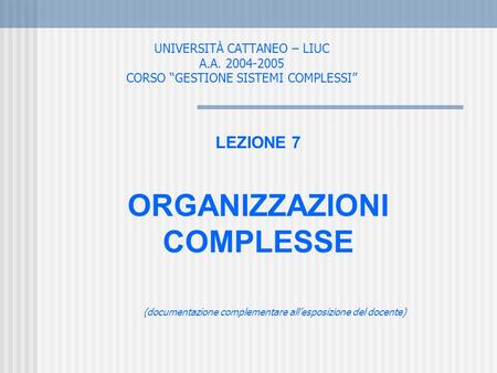 UNIVERSITÀ CATTANEO – LIUC A.A. 2004-2005 CORSO GESTIONE SISTEMI COMPLESSI LEZIONE 7 ORGANIZZAZIONI COMPLESSE (documentazione complementare allesposizione.