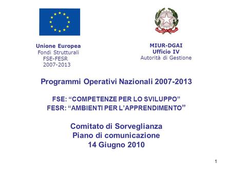 1 Programmi Operativi Nazionali 2007-2013 FSE: COMPETENZE PER LO SVILUPPO FESR: AMBIENTI PER LAPPRENDIMENTO Comitato di Sorveglianza Piano di comunicazione.
