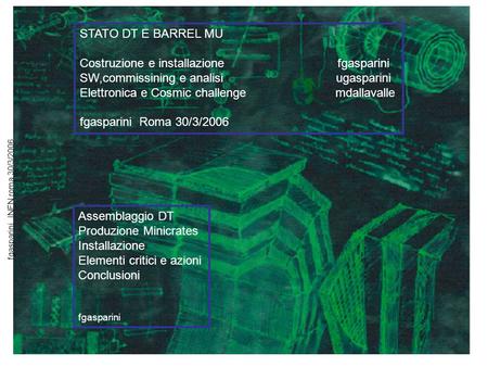 1 fgasparini INFN roma 30/3/2006 Assemblaggio DT Produzione Minicrates Installazione Elementi critici e azioni Conclusioni fgasparini STATO DT E BARREL.