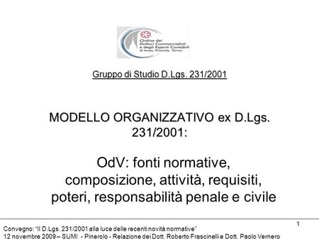 Gruppo di Studio D. Lgs. 231/2001 MODELLO ORGANIZZATIVO ex D. Lgs