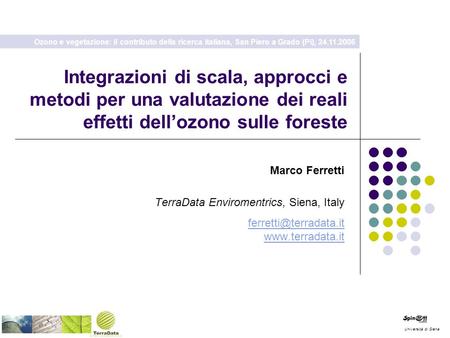 Integrazioni di scala, approcci e metodi per una valutazione dei reali effetti dellozono sulle foreste Università di Siena Marco Ferretti TerraData Enviromentrics,