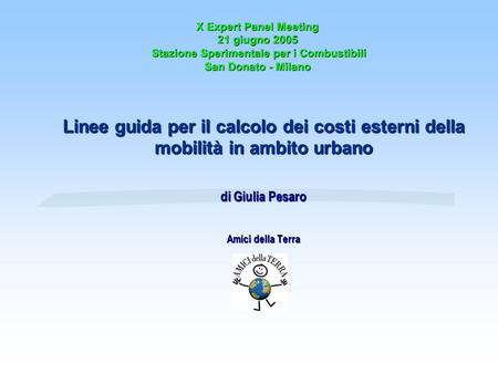 X Expert Panel Meeting 21 giugno 2005 Stazione Sperimentale per i Combustibili San Donato - Milano Linee guida per il calcolo dei costi esterni della mobilità
