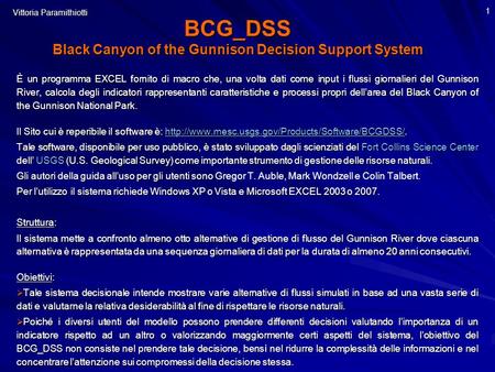 1 BCG_DSS Black Canyon of the Gunnison Decision Support System È un programma EXCEL fornito di macro che, una volta dati come input i flussi giornalieri.