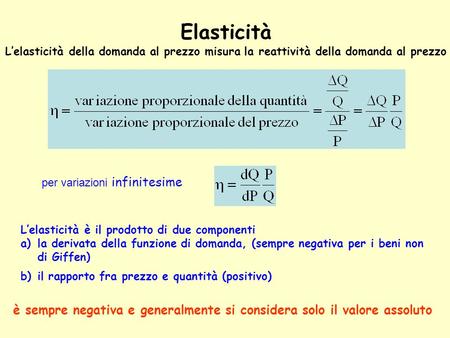 Elasticità L’elasticità della domanda al prezzo misura la reattività della domanda al prezzo per variazioni infinitesime L’elasticità è il prodotto di.