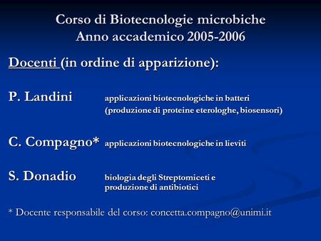 Corso di Biotecnologie microbiche Anno accademico