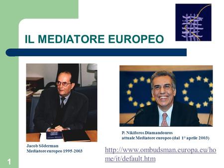 IL MEDIATORE EUROPEO P. Nikiforos Diamandouros attuale Mediatore europeo (dal 1° aprile 2003) Jacob Söderman Mediatore europeo 1995-2003 http://www.ombudsman.europa.eu/home/it/default.htm.