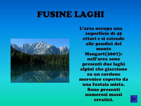 FUSINE LAGHI L’area occupa una superficie di 45 ettari e si estende alle pendici del monte Mangart(2667): nell’area sono presenti due laghi alpini che.