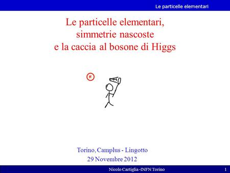 Le particelle elementari Nicolo Cartiglia -INFN Torino1 Le particelle elementari, simmetrie nascoste e la caccia al bosone di Higgs Torino, Camplus - Lingotto.