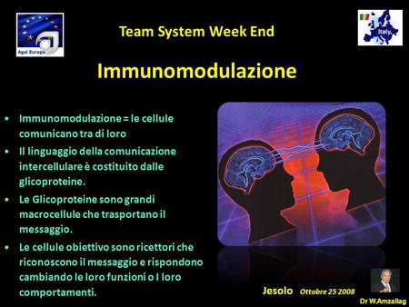 Dr W.Amzallag Jesolo Ottobre 25 2008 5 Team System Week End Immunomodulazione Immunomodulazione = le cellule comunicano tra di loro Il linguaggio della.