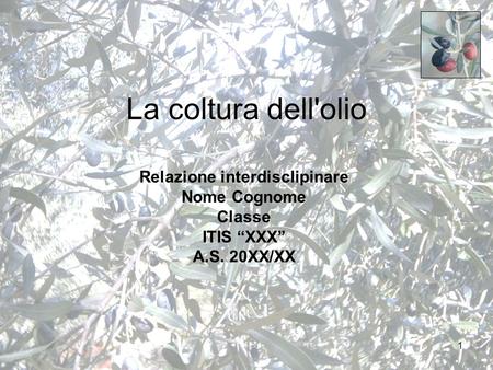 1 La coltura dell'olio Relazione interdisclipinare Nome Cognome Classe ITIS “XXX” A.S. 20XX/XX.