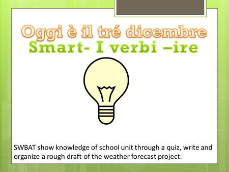 SWBAT show knowledge of school unit through a quiz, write and organize a rough draft of the weather forecast project.