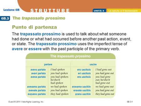 © and ® 2011 Vista Higher Learning, Inc.6B.3-1 Punto di partenza The trapassato prossimo is used to talk about what someone had done or what had occurred.