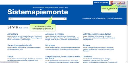 Cliccare su Servizi per la PA Accedere al portale www.sistemapiemonte.it.