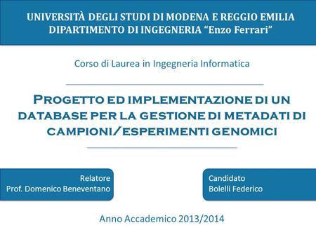 UNIVERSITÀ DEGLI STUDI DI MODENA E REGGIO EMILIA DIPARTIMENTO DI INGEGNERIA “Enzo Ferrari” Corso di Laurea in Ingegneria Informatica Anno Accademico 2013/2014.