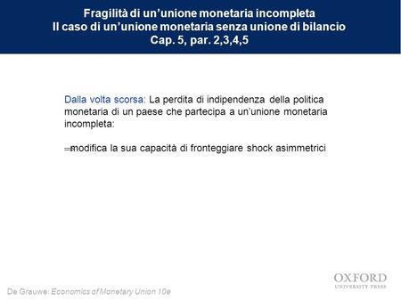 Fragilità di un’unione monetaria incompleta Il caso di un’unione monetaria senza unione di bilancio Cap. 5, par. 2,3,4,5 Dalla volta scorsa: La perdita.