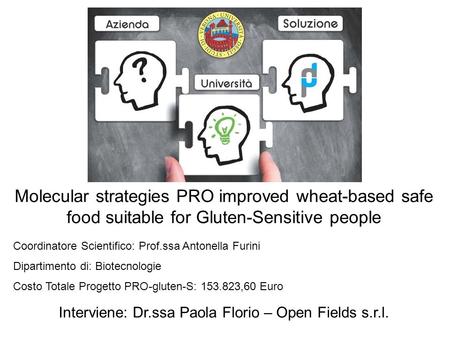 Molecular strategies PRO improved wheat-based safe food suitable for Gluten-Sensitive people Coordinatore Scientifico: Prof.ssa Antonella Furini Dipartimento.