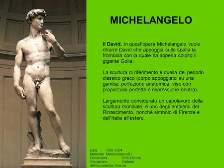 MICHELANGELO Il David. In quest'opera Michelangelo vuole ritrarre David che appoggia sulla spalla la frombola con la quale ha appena colpito il gigante.