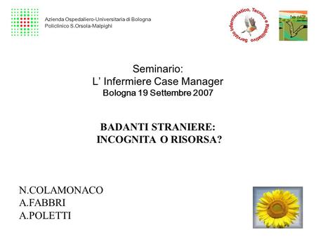 Seminario: L’ Infermiere Case Manager Bologna 19 Settembre 2007 BADANTI STRANIERE: INCOGNITA O RISORSA? N.COLAMONACO A.FABBRI A.POLETTI Azienda Ospedaliero-Universitaria.