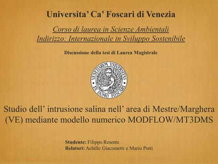 Studio dell’ intrusione salina nell’ area di Mestre/Marghera (VE) mediante modello numerico MODFLOW/MT3DMS Studente: Filippo Resente Relatori: Achille.