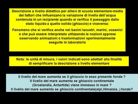 Descrizione a livello didattico per allievi di scuola elementare-media dei fattori che influenzano la variazione di livello dell’acqua contenuta in un.