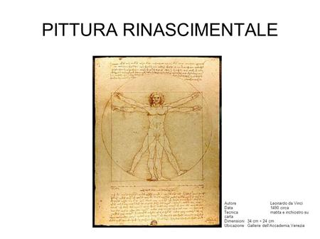 PITTURA RINASCIMENTALE AutoreLeonardo da Vinci Data1490 circa Tecnicamatita e inchiostro su carta Dimensioni34 cm × 24 cm UbicazioneGallerie dell'Accademia,Venezia.