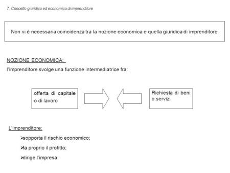 7. Concetto giuridico ed economico di imprenditore Non vi è necessaria coincidenza tra la nozione economica e quella giuridica di imprenditore NOZIONE.