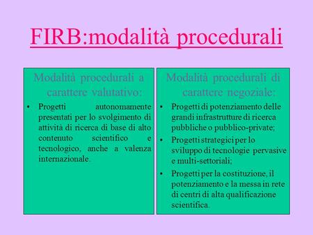 FIRB:modalità procedurali Modalità procedurali a carattere valutativo: Progetti autonomamente presentati per lo svolgimento di attività di ricerca di base.