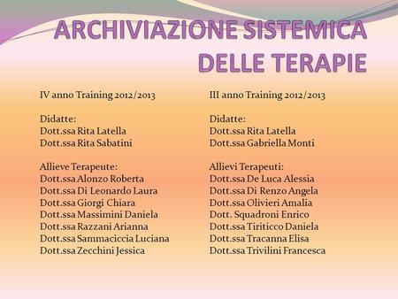 IV anno Training 2012/2013 Didatte: Dott.ssa Rita Latella Dott.ssa Rita Sabatini Allieve Terapeute: Dott.ssa Alonzo Roberta Dott.ssa Di Leonardo Laura.