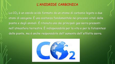 L’Anidride Carbonica La CO2 è un ossido acido formato da un atomo di carbonio legato a due atomi di ossigeno. È una sostanza fondamentale nei processi.