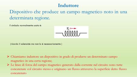 Induttore Dispositivo che produce un campo magnetico noto in una determinata regione. Il simbolo normalmente usato è: (ricorda il solenoide ma non lo è.