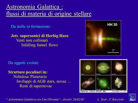 “ Astronomia Galattica con Linc/Nirvana” - Arcetri 26/02/02 L. Testi - F. Bacciotti Astronomia Galattica : flussi di materia di origine stellare HH 30.