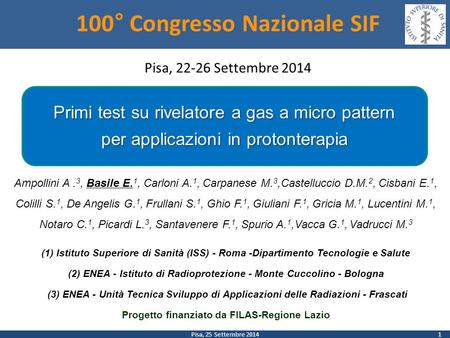 Pisa, 25 Settembre 2014 100° Congresso Nazionale SIF Pisa, 22-26 Settembre 2014 Primi test su rivelatore a gas a micro pattern per applicazioni in protonterapia.