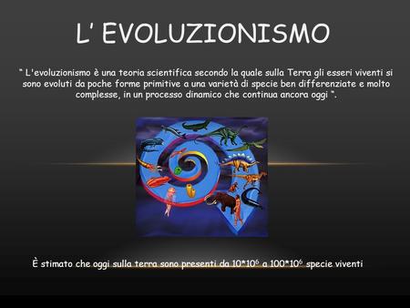L’ EVOLUZIONISMO “ L'evoluzionismo è una teoria scientifica secondo la quale sulla Terra gli esseri viventi si sono evoluti da poche forme primitive a.