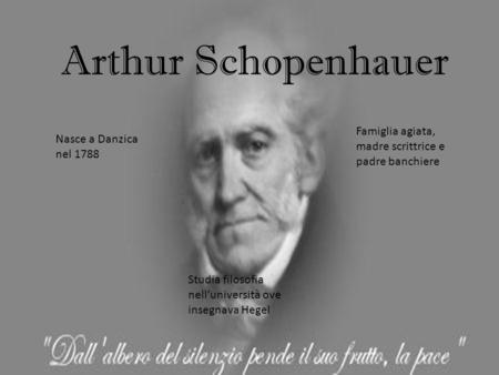 Arthur Schopenhauer Famiglia agiata, madre scrittrice e padre banchiere Nasce a Danzica nel 1788 Studia filosofia nell’università ove insegnava Hegel.
