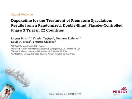 Buvat J et al. Eur Urol 2009;55:957–968. Efficacia e sicurezza del trattamento a lungo termine (24 settimane - 6 mesi) con dapoxetina 30 mg e dapoxetina.