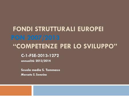 FONDI STRUTTURALI EUROPEI PON 2007/2013 “COMPETENZE PER LO SVILUPPO” C-1-FSE-2013-1272 annualità 2013/2014 Scuola media S. Tommaso Mercato S. Severino.