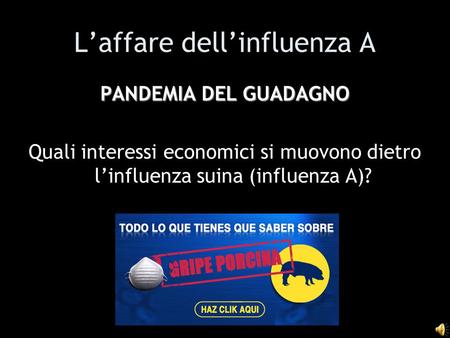 L’affare dell’influenza A PANDEMIA DEL GUADAGNO Quali interessi economici si muovono dietro l’influenza suina (influenza A)?