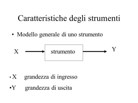 Caratteristiche degli strumenti Modello generale di uno strumento strumentoX Y X grandezza di ingresso Y grandezza di uscita.