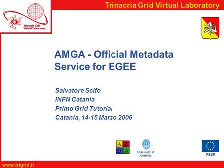 FESR www.trigrid.it Trinacria Grid Virtual Laboratory University of Coimbra AMGA - Official Metadata Service for EGEE Salvatore Scifo INFN Catania Primo.