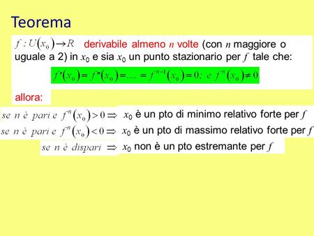 Teorema derivabile almeno n volte (con n maggiore o uguale a 2) in x0 e sia x0 un punto stazionario per f tale che: allora: x0 è un pto di minimo relativo.