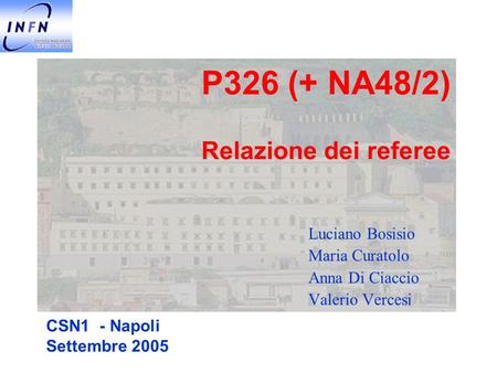 P326 (+ NA48/2) Relazione dei referee Luciano Bosisio Maria Curatolo Anna Di Ciaccio Valerio Vercesi CSN1 - Napoli Settembre 2005.